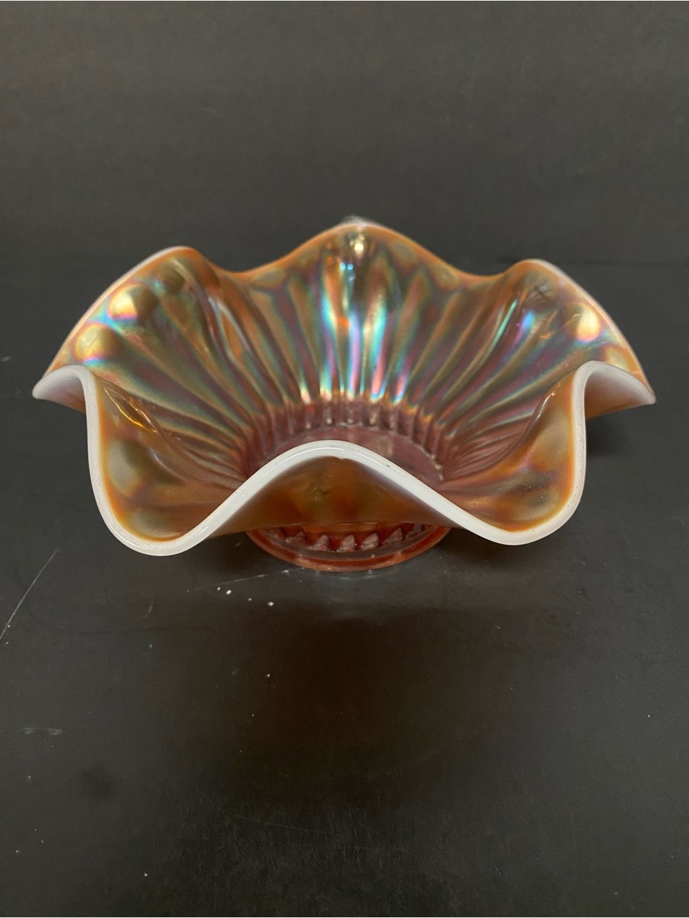 Iridescent Ruffled Carnival Glass Decorative Bowl - White-Edged Opalescent Peach